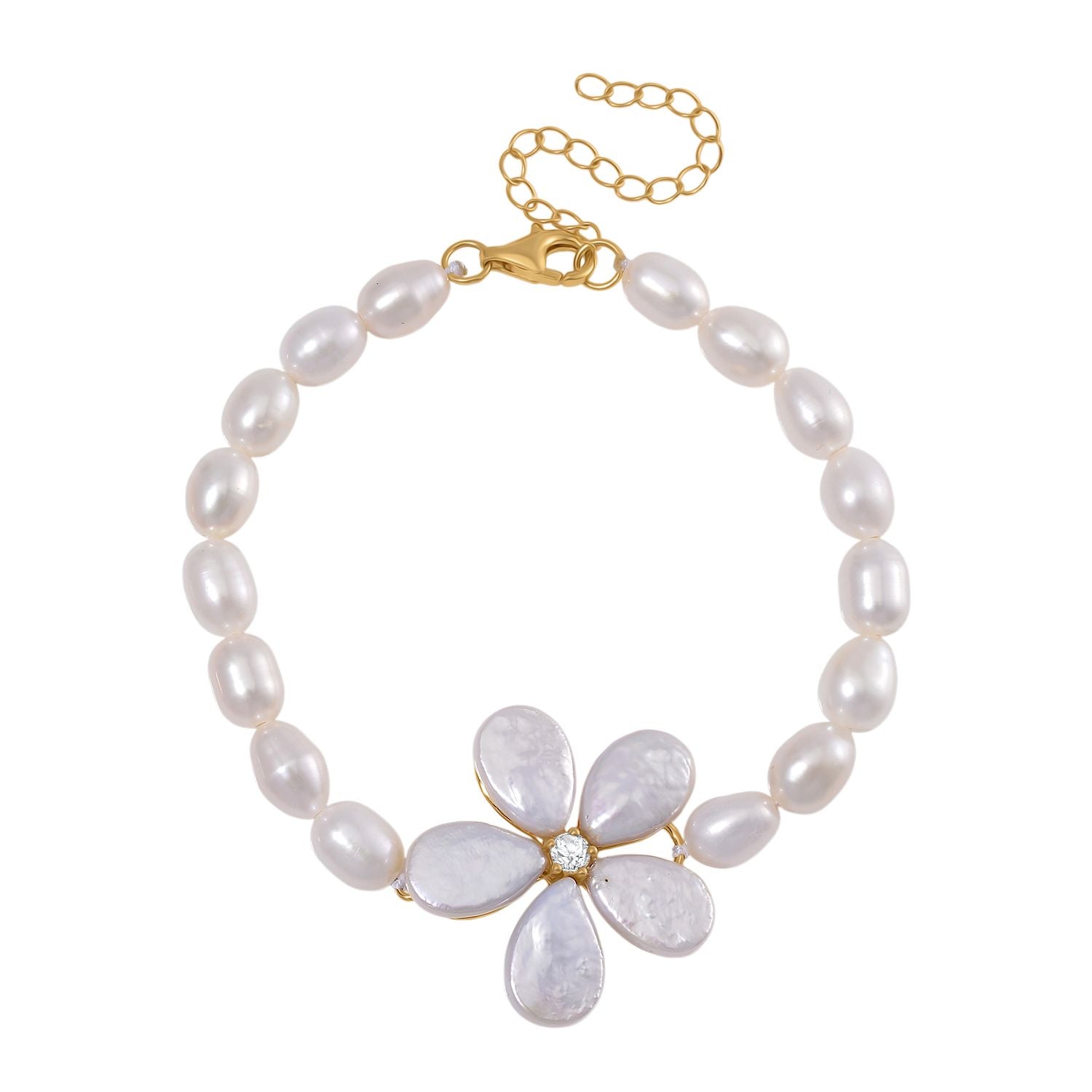 Keshi Perle (12x9 mm), weißes Süßwasser Perle (7-8mm) und Zirkonia Armband, 18+5cm, 925 Silber vergoldet