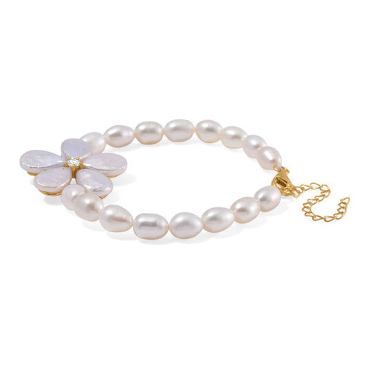 Keshi Perle (12x9 mm), weißes Süßwasser Perle (7-8mm) und Zirkonia Armband, 18+5cm, 925 Silber vergoldet