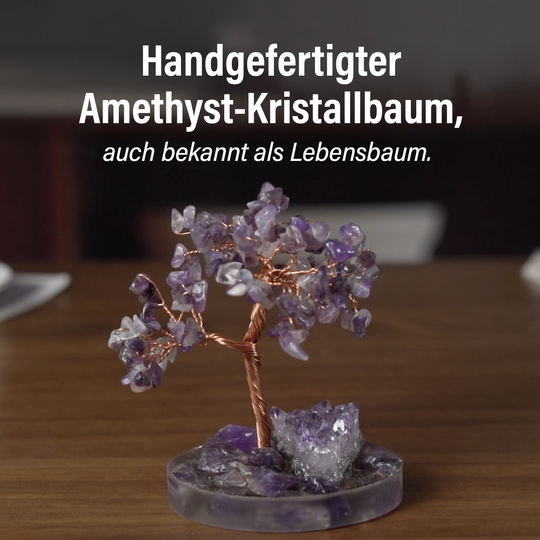 Handgefertigter Lebensbaum aus Rosenquarz Heilsteinen, Glücksbaum mit Naturkristallen und Kupferdraht, ca. 12 x 12 cm