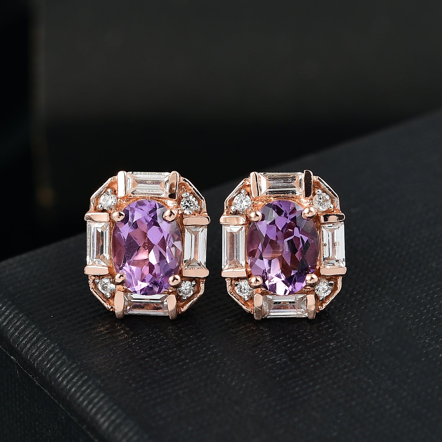 Zeitlose Art Kollektion - AA Rose De France Amethyst, Weißer Zirkon Ohrringe 925 Silber 750 rosévergoldet ca. 3.46 ct
