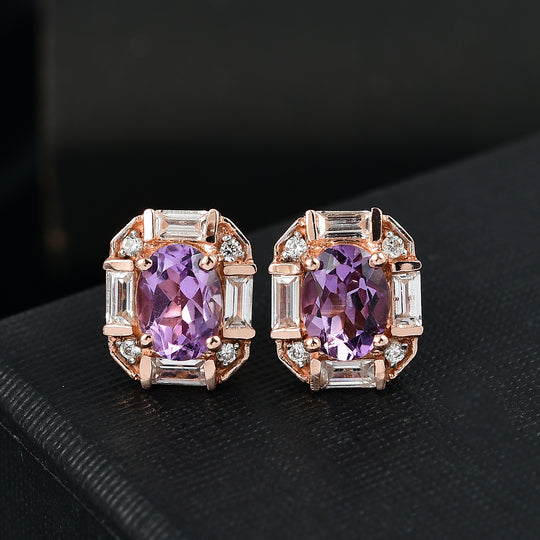 Zeitlose Art Kollektion - AA Rose De France Amethyst, Weißer Zirkon Ohrringe 925 Silber 750 rosévergoldet ca. 3.46 ct