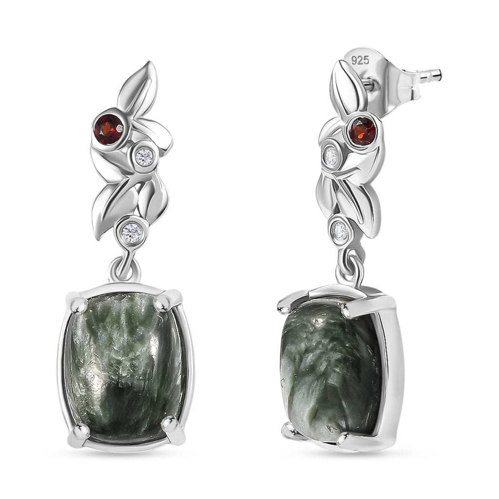 Viktorianische Blüte - Sibirischer Seraphinite, Rote Granat Ohrringe, 925 Silber platiniert ca. 6,61 ct
