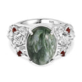 Viktorianische Blüte - Sibirischer Seraphinite, Roter Granat Ring, 925 Silber platiniert (Größe 16.00) ca. 4.75 ct