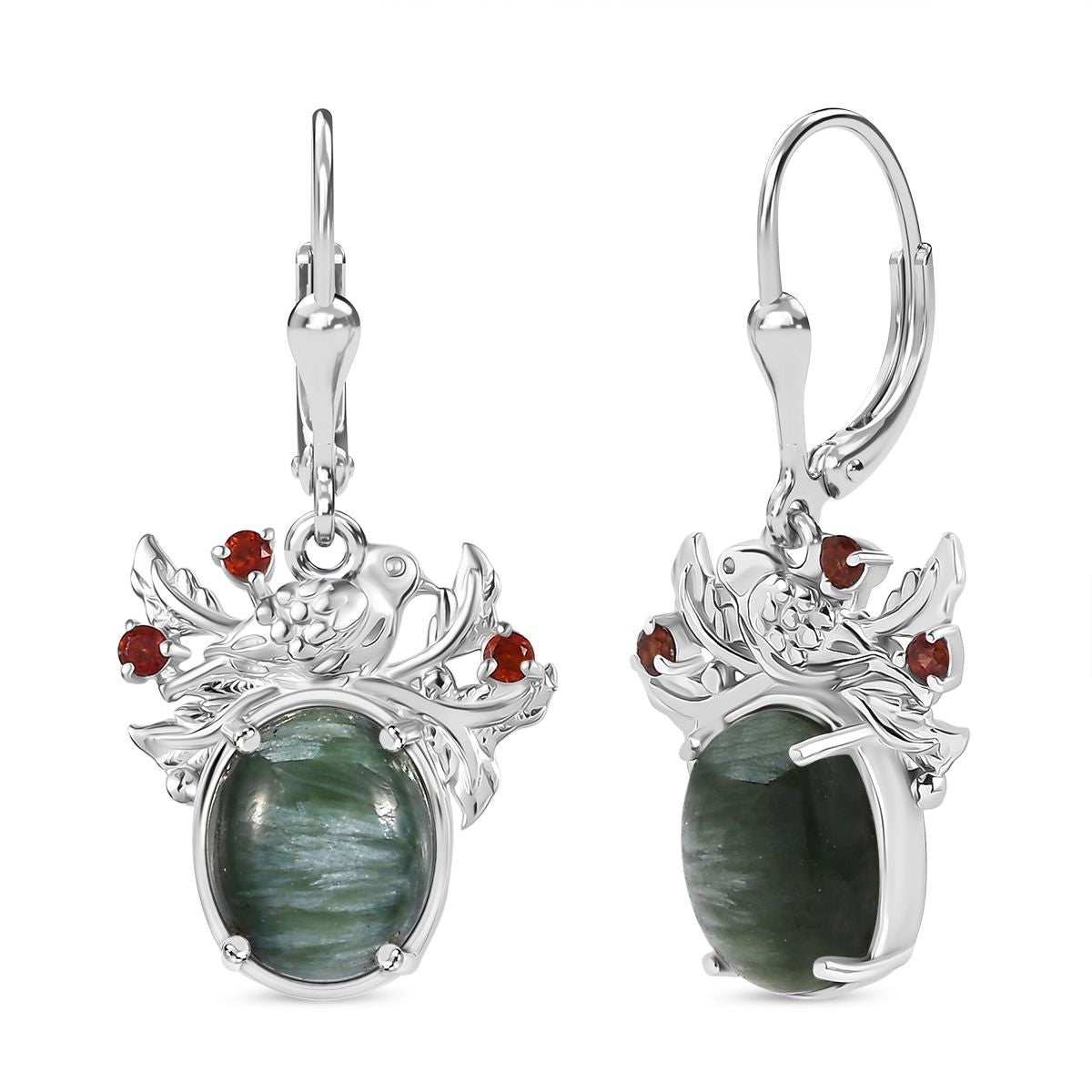 Viktorianische Blüte - Sibirischer Seraphinite, Rote Granat Ohrringe, 925 Silber platiniert ca. 5.43 ct