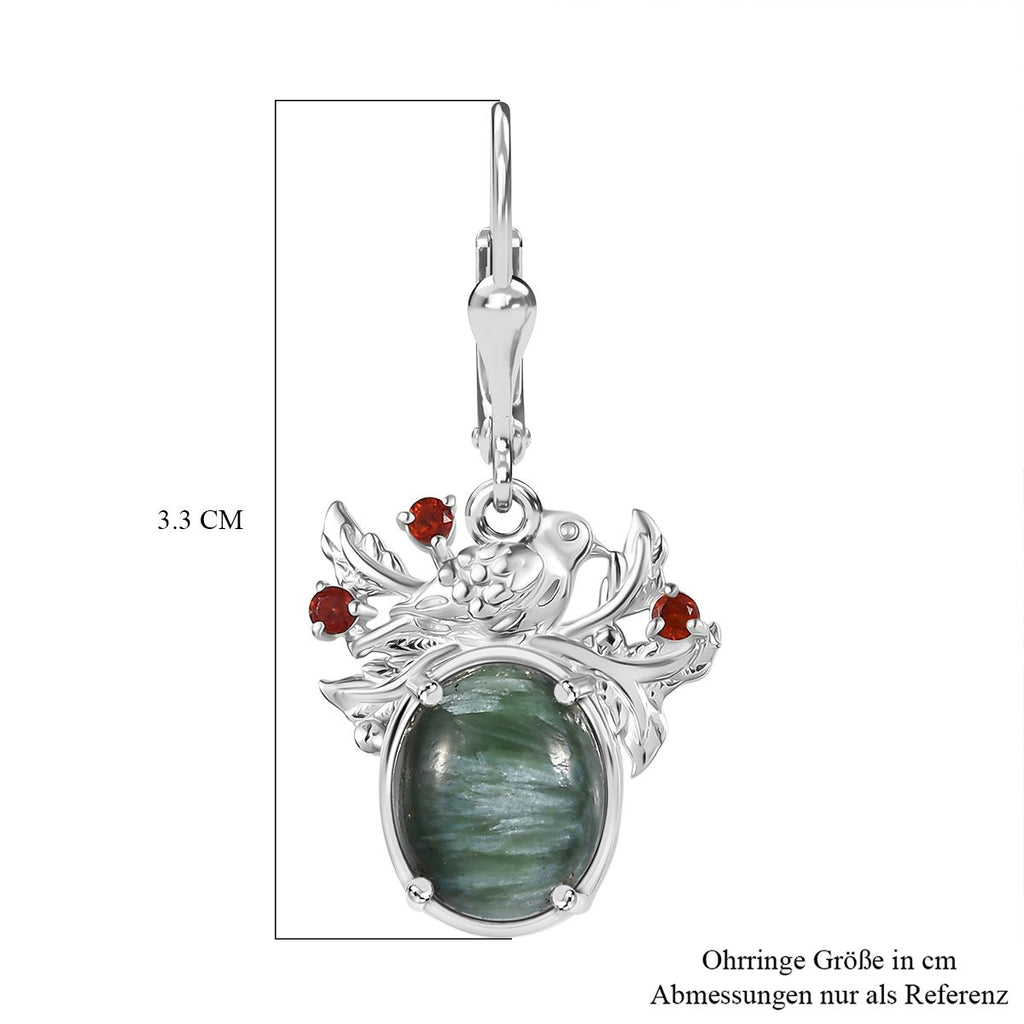 Viktorianische Blüte - Sibirischer Seraphinite, Rote Granat Ohrringe, 925 Silber platiniert ca. 5.43 ct