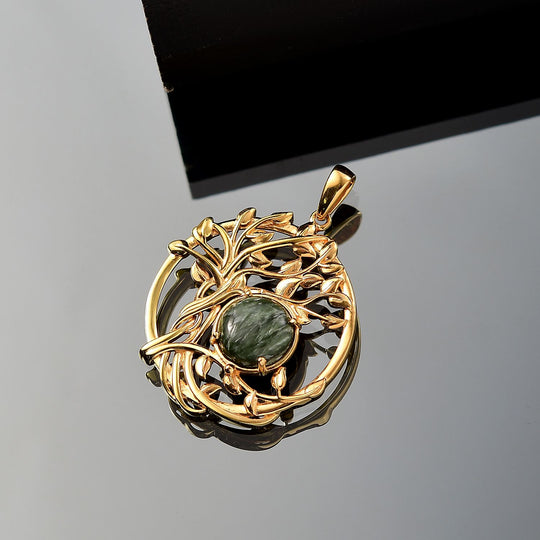 Viktorianische Blüte - Sibirischer Seraphinite Anhänger, 925 Silber 750 Gelb Vergoldet ca. 3.02 ct