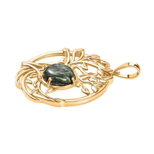 Viktorianische Blüte - Sibirischer Seraphinite Anhänger, 925 Silber 750 Gelb Vergoldet ca. 3.02 ct
