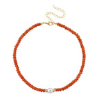 Muschelkernperle-Halskette mit Orangem Quarzit, verstellbar 40+10cm, goldfarben