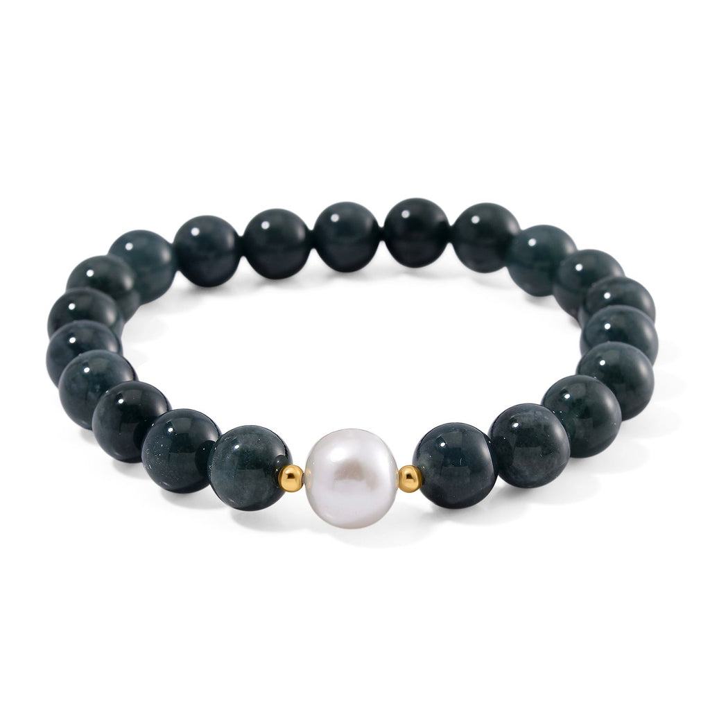 Weiße Edison Perle (10-12 mm), Natürlicher Olmek Jadeit Armband, Flexibles, 925 Silber vergoldet