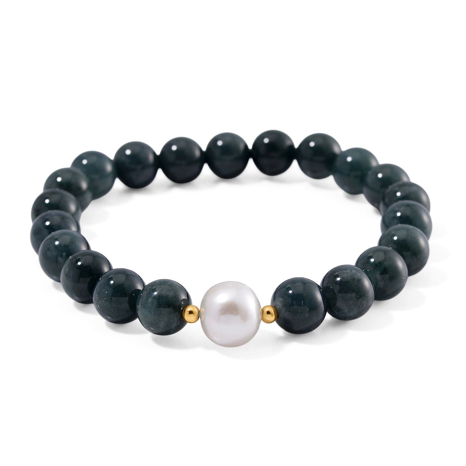 Weiße Edison Perle (10-12 mm), Natürlicher Olmek Jadeit Armband, Flexibles, 925 Silber vergoldet