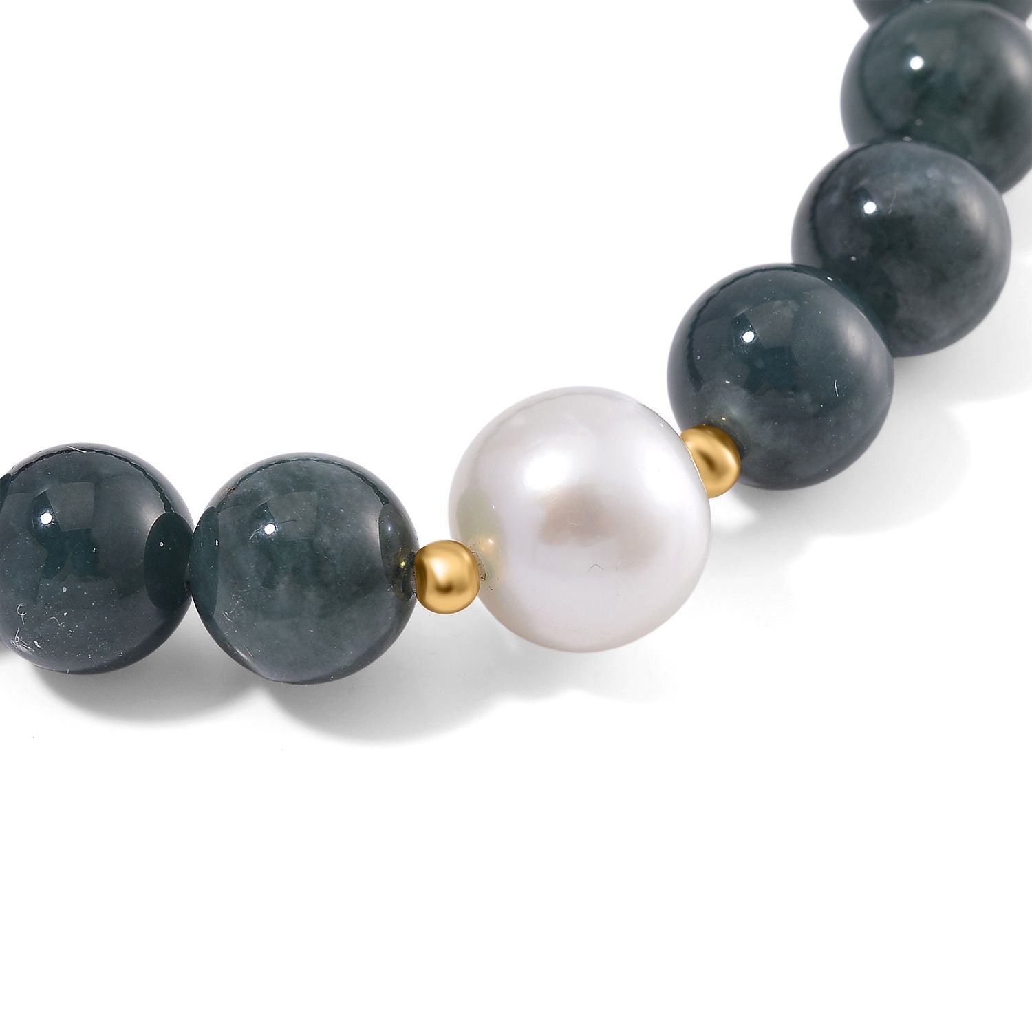 Weiße Edison Perle (10-12 mm), Natürlicher Olmek Jadeit Armband, Flexibles, 925 Silber vergoldet