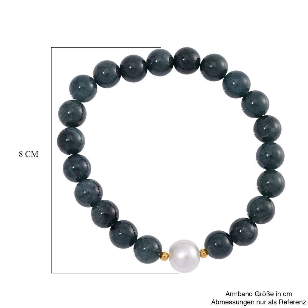 Weiße Edison Perle (10-12 mm), Natürlicher Olmek Jadeit Armband, Flexibles, 925 Silber vergoldet