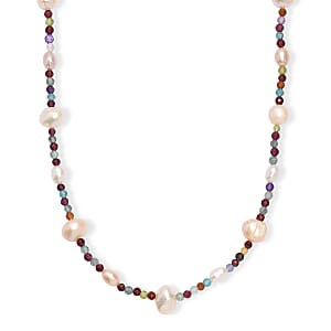 Premium Weiße Süßwasser Perle, Mehrfarbig Edelsteine Halskette ca. 60 cm + 5 cm Extender 925 Silber Rhodiniert 89.00 ct