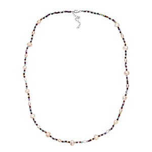 Premium Weiße Süßwasser Perle, Mehrfarbig Edelsteine Halskette ca. 60 cm + 5 cm Extender 925 Silber Rhodiniert 89.00 ct