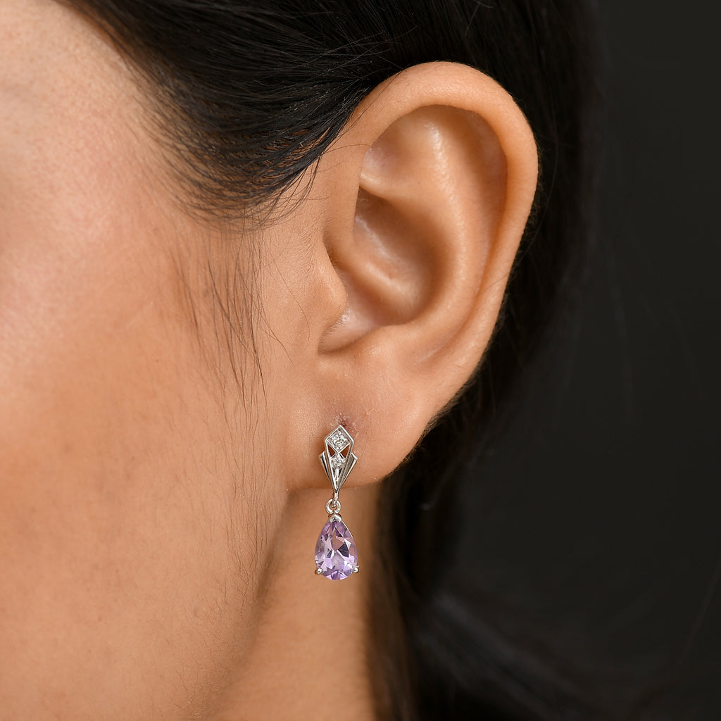 Zeitlose Art Kollektion - AA Rose De France Amethyst, Weißer Zirkon Ohrringe 925 Silber platiniert ca. 2.39 ct