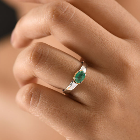 Gemfields Kagem Sambischer Smaragd Ring 925 Silber Rhodiniert und 750 Gelbgold Vermeil (Größe 20.00) ca. 0.75 ct