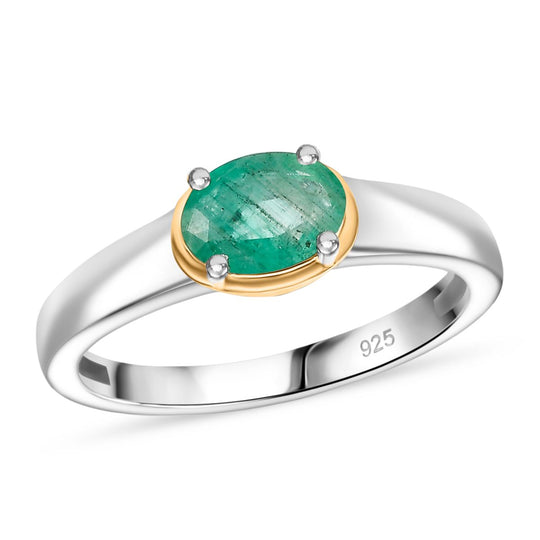 Gemfields Kagem Sambischer Smaragd Ring 925 Silber Rhodiniert und 750 Gelbgold Vermeil (Größe 20.00) ca. 0.75 ct