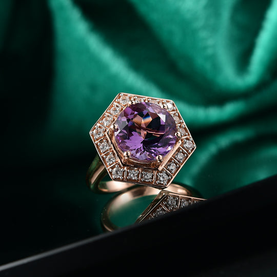 Zeitlose Art Kollektion - AA Rose De France Amethyst, Weißer Zirkon Ring 925 Silber 750 rosévergoldet (Größe 21.00) ca. 7.18 ct