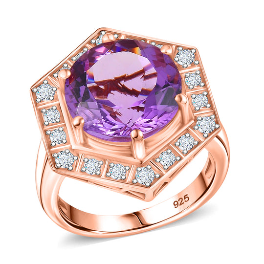 Zeitlose Art Kollektion - AA Rose De France Amethyst, Weißer Zirkon Ring 925 Silber 750 rosévergoldet (Größe 21.00) ca. 7.18 ct
