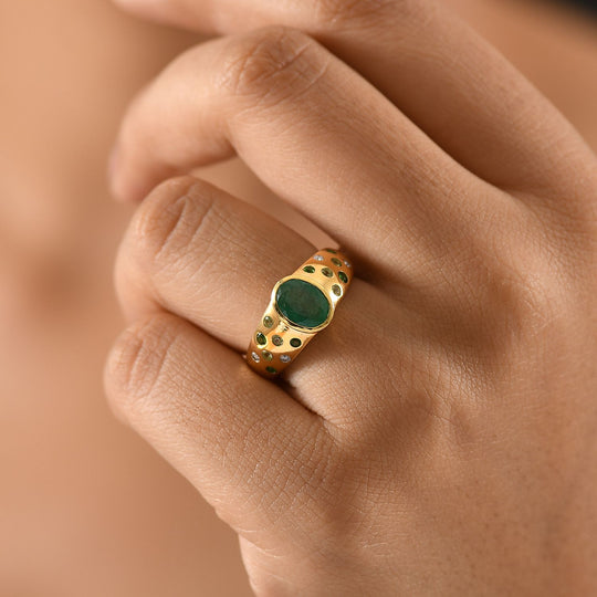Kagem Sambischer Smaragd, Natürlicher Chromdiopsid Ring 925 Silber 750 Gelbgold Vermeil (Größe 19.00) ca. 1,52 ct