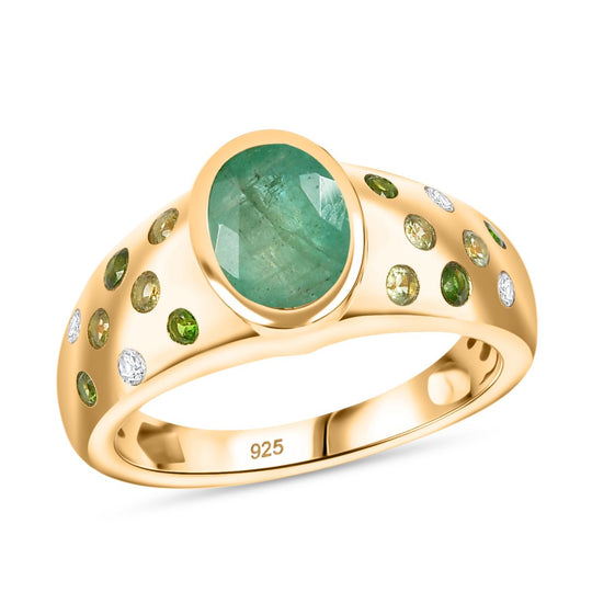 Kagem Sambischer Smaragd, Natürlicher Chromdiopsid Ring 925 Silber 750 Gelbgold Vermeil (Größe 19.00) ca. 1,52 ct