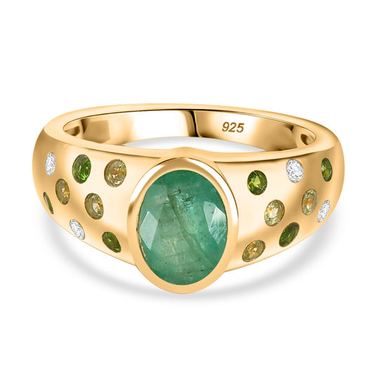 Kagem Sambischer Smaragd, Natürlicher Chromdiopsid Ring 925 Silber 750 Gelbgold Vermeil (Größe 19.00) ca. 1,52 ct
