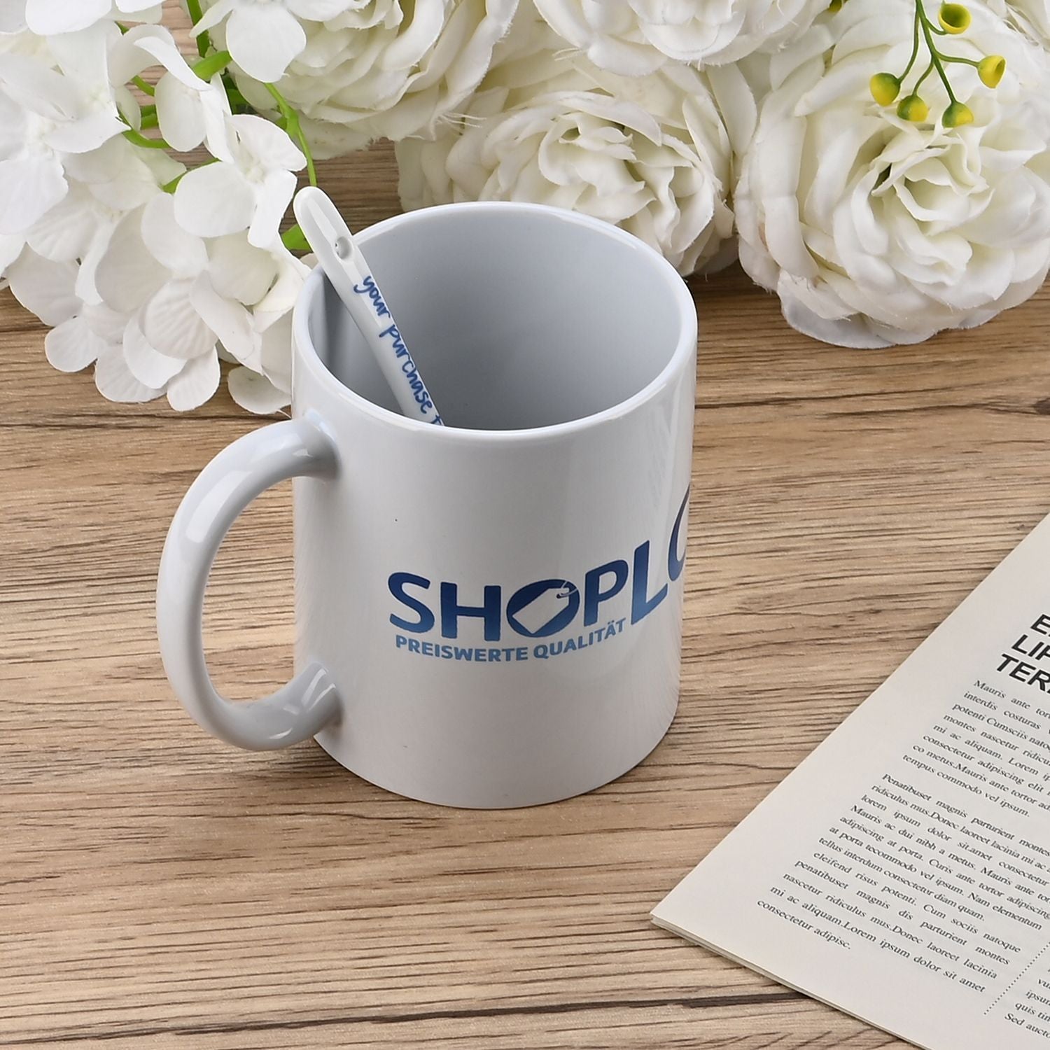 Keramik-Tassen-Set mit Löffel und ShopLC-Logo, 8x9,5 cm (Tasse), 12 cm (Löffel), Weiß
