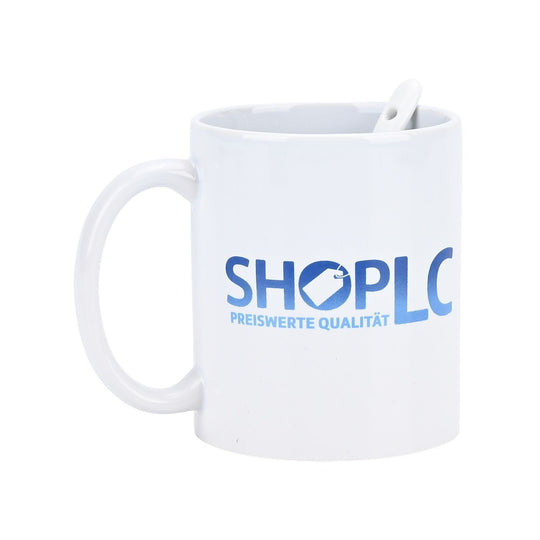 Keramik-Tassen-Set mit Löffel und ShopLC-Logo, 8x9,5 cm (Tasse), 12 cm (Löffel), Weiß