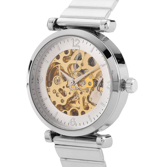 GENOA TIME V2 Automatik-Mechanische Uhr, Edelstahlarmband, Weißes Zifferblatt mit Sonnenschein-Design, 3ATM Wasserdicht, 8.5 cm, Silber