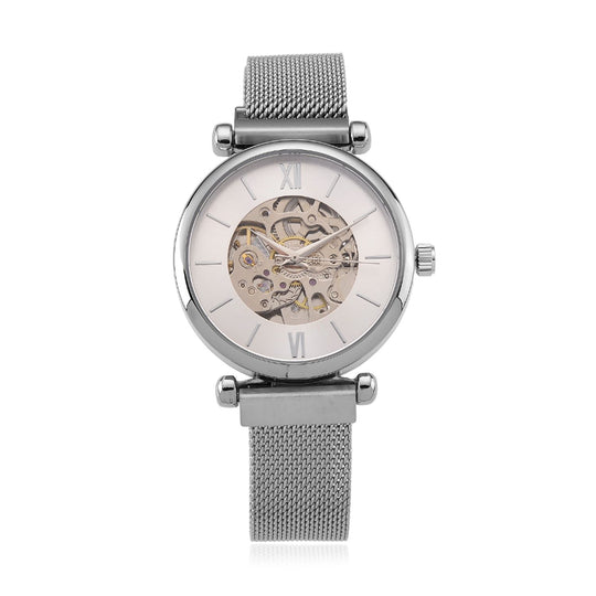 GENOA TIME V2 Automatik-Mechanische Uhr, 37mm, IPG-Beschichtung, Weißes Sonnenschliff-Zifferblatt, Edelstahl-Mesh-Armband mit Magnetverschluss, Edelstahl-Gehäuseboden mit Glas, Wasserdicht, Roséfarben