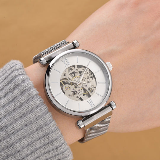 GENOA TIME V2 Automatik-Mechanische Uhr, 37mm, IPG-Beschichtung, Weißes Sonnenschliff-Zifferblatt, Edelstahl-Mesh-Armband mit Magnetverschluss, Edelstahl-Gehäuseboden mit Glas, Wasserdicht, Goldfarben
