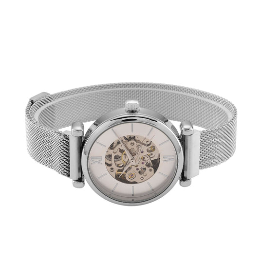 GENOA TIME V2 Automatik-Mechanische Uhr, 37mm, IPG-Beschichtung, Weißes Sonnenschliff-Zifferblatt, Edelstahl-Mesh-Armband mit Magnetverschluss, Edelstahl-Gehäuseboden mit Glas, Wasserdicht, Goldfarben