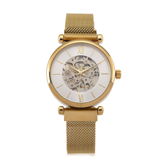 GENOA TIME V2 Automatik-Mechanische Uhr, 37mm, IPG-Beschichtung, Weißes Sonnenschliff-Zifferblatt, Edelstahl-Mesh-Armband mit Magnetverschluss, Edelstahl-Gehäuseboden mit Glas, Wasserdicht, Goldfarben