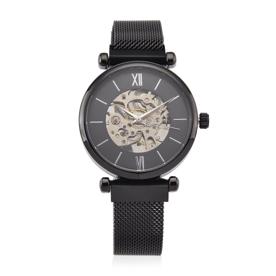 GENOA TIME V2 Automatik-Mechanische Uhr, 37mm, IPG-Beschichtung, Weißes Sonnenschliff-Zifferblatt, Edelstahl-Mesh-Armband mit Magnetverschluss, Edelstahl-Gehäuseboden mit Glas, Wasserdicht, Goldfarben