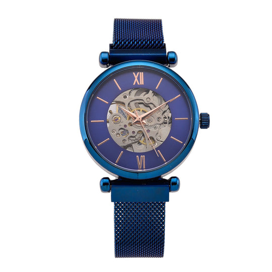 GENOA TIME V2 Automatik-Mechanische Uhr, 37mm, IPG-Beschichtung, Weißes Sonnenschliff-Zifferblatt, Edelstahl-Mesh-Armband mit Magnetverschluss, Edelstahl-Gehäuseboden mit Glas, Wasserdicht, Goldfarben