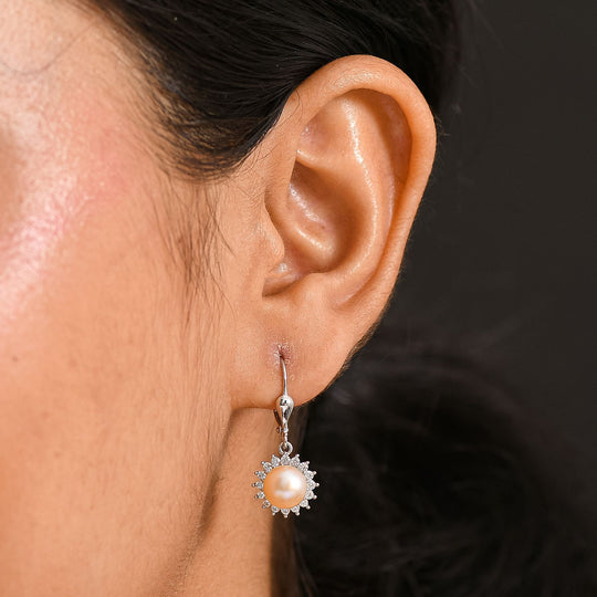 Pfirsich-Süßwasser Perle, Weißer Zirkon Ohrringe 925 Silber rhodiniert