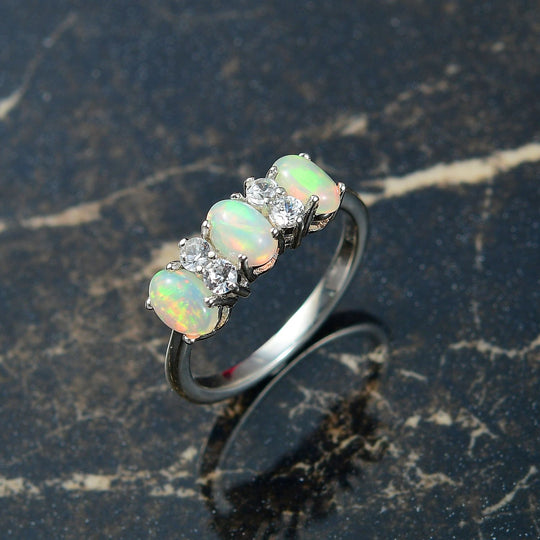 D joy AA Natürlicher, äthiopischer Welo Opal, Weißer Zirkon Ring 925 Silber platiniert (Größe 20.00) ca. 1.29 ct