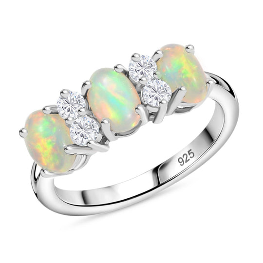 D joy AA Natürlicher, äthiopischer Welo Opal, Weißer Zirkon Ring 925 Silber platiniert (Größe 20.00) ca. 1.29 ct