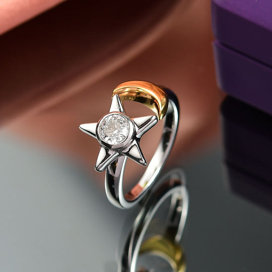 D'Joy 100 Facetten Moissanit Ring 925 Silber platiniert und vergoldet (Größe 19.00) ca. 0,49 ct