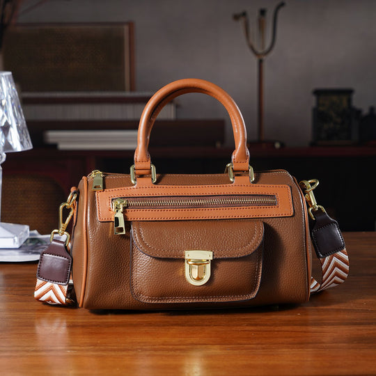 Echtleder-Duffle-Crossbody-Bag im Klassik-Design, 25,5x13x13,5 cm, Schwarz