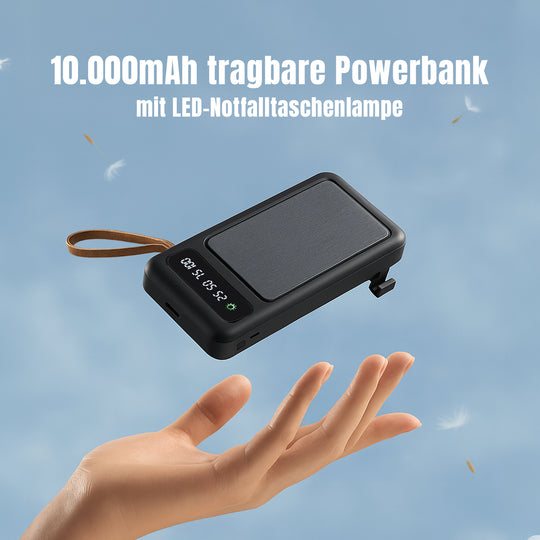 Powerbank mit 10.000 mAh, integrierter LED-Taschenlampe, 4 integrierten Kabeln und Handyhalterung, 14x7x2cm, Schwarz
