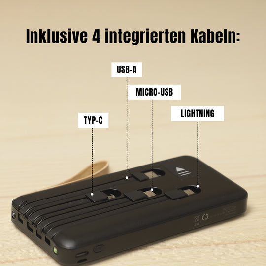 Powerbank mit 10.000 mAh, integrierter LED-Taschenlampe, 4 integrierten Kabeln und Handyhalterung, 14x7x2cm, Schwarz