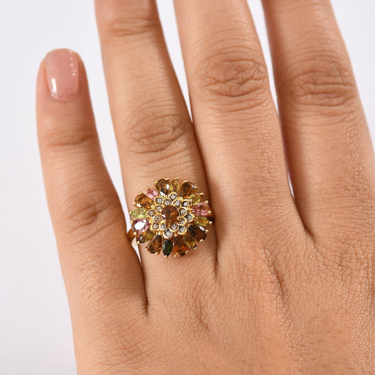 Mosaik der Natur - Mehrfarbiger-Turmalin Ring 925 Silber 750 Gelbgold Vermeil (Größe 19.00) ca. 2.60 ct