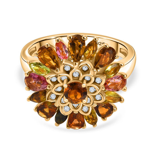 Mosaik der Natur - Mehrfarbiger-Turmalin Ring 925 Silber 750 Gelbgold Vermeil (Größe 19.00) ca. 2.60 ct