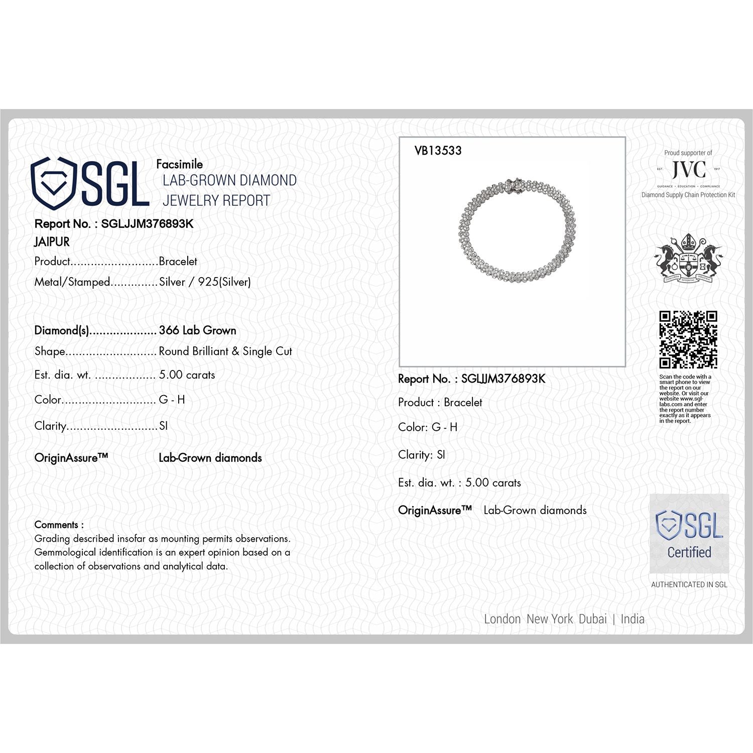 LUXURIANT DIAMOND - Lab Grown Diamant SI-GH SGL zertifiziert Armband ca. 19 cm 925 Silber rhodiniert ca. 5.00 ct