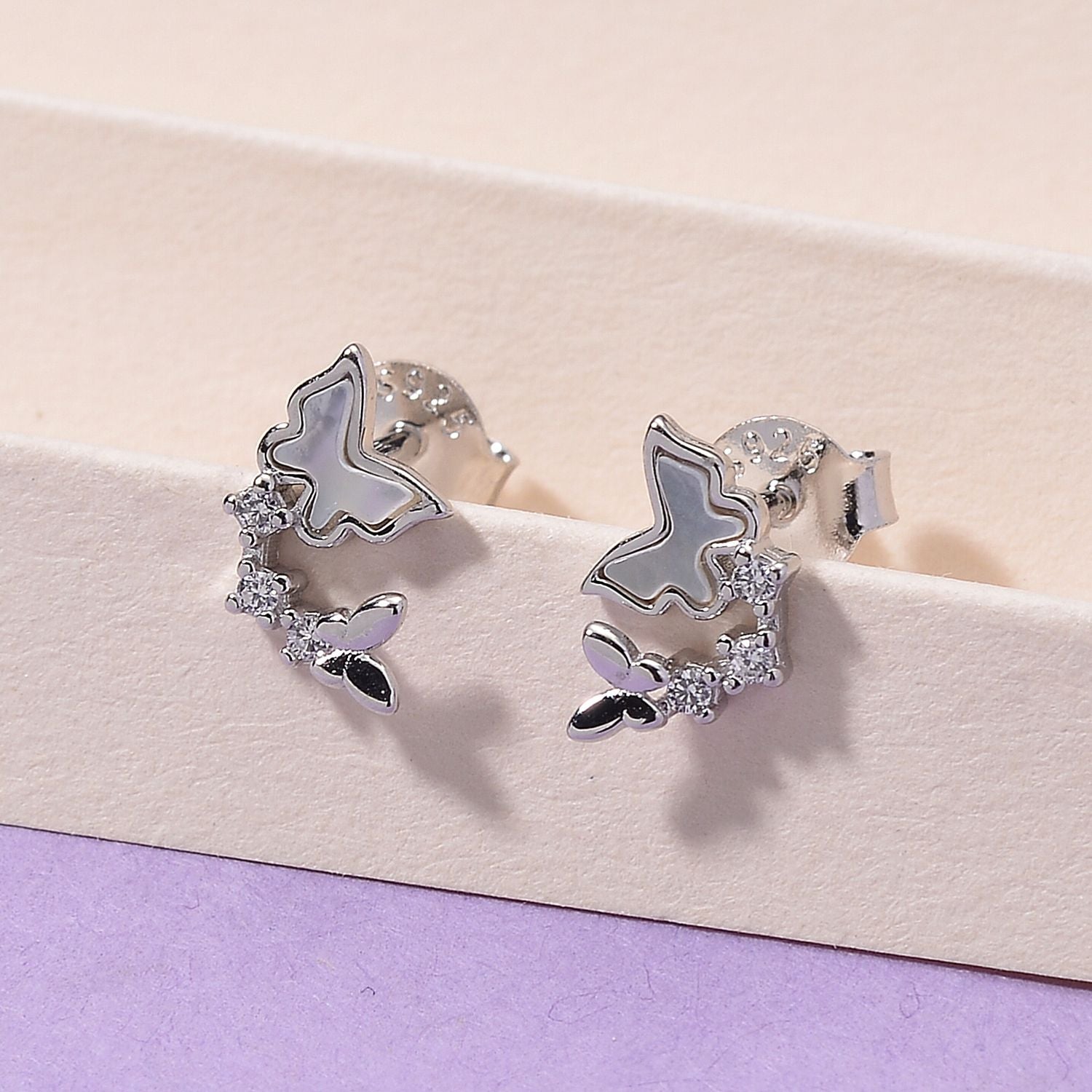 Weißes Perlmutt, Weißer Zirkonia Ohrringe 925 Silber rhodiniert
