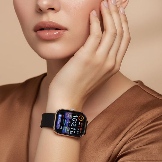 G21 Smartwatch, 2.01 Zoll HD Display, Gold-Schwarzes Silikonarmband