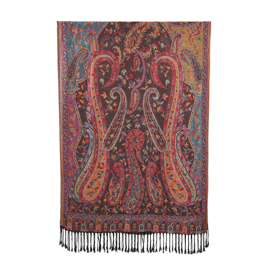 Jacquard gewebter Schal mit Paisley Muster und Fransen, 100% hautfreundliche Viskose, 70x180 cm, Braun