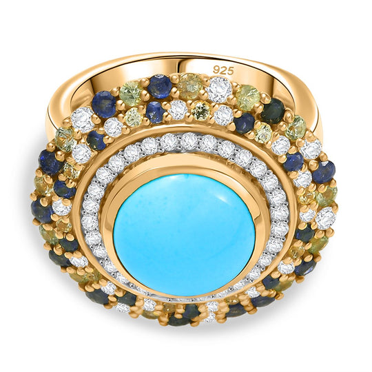 AA Sleeping Beauty Türkis, Blauer Saphir Ring 925 Silber 750 Gelbgold Vermeil (Größe 20.00) ca. 5.86 ct