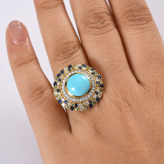 AA Sleeping Beauty Türkis, Blauer Saphir Ring 925 Silber 750 Gelbgold Vermeil (Größe 20.00) ca. 5.86 ct